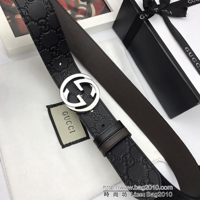 GUCCI古馳 官網新款 原單品質 頭層小牛皮壓花 咖啡色頭層皮底 旋轉雙G扣 男士皮帶  xfp1456